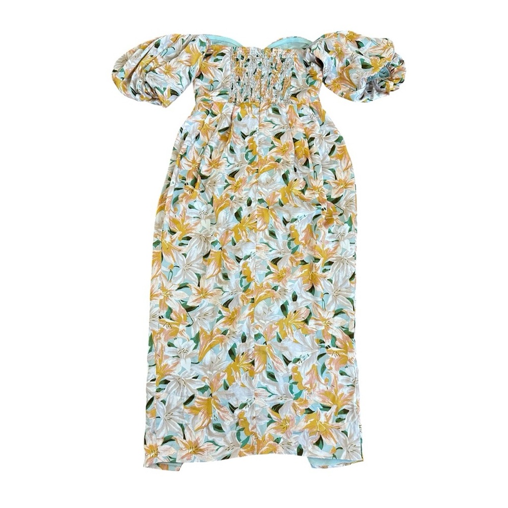 ASTR Floral Strapless Midi Dress Puff Sleeve Sweetheart Slit Yellow Green S - Picture 13 of 16